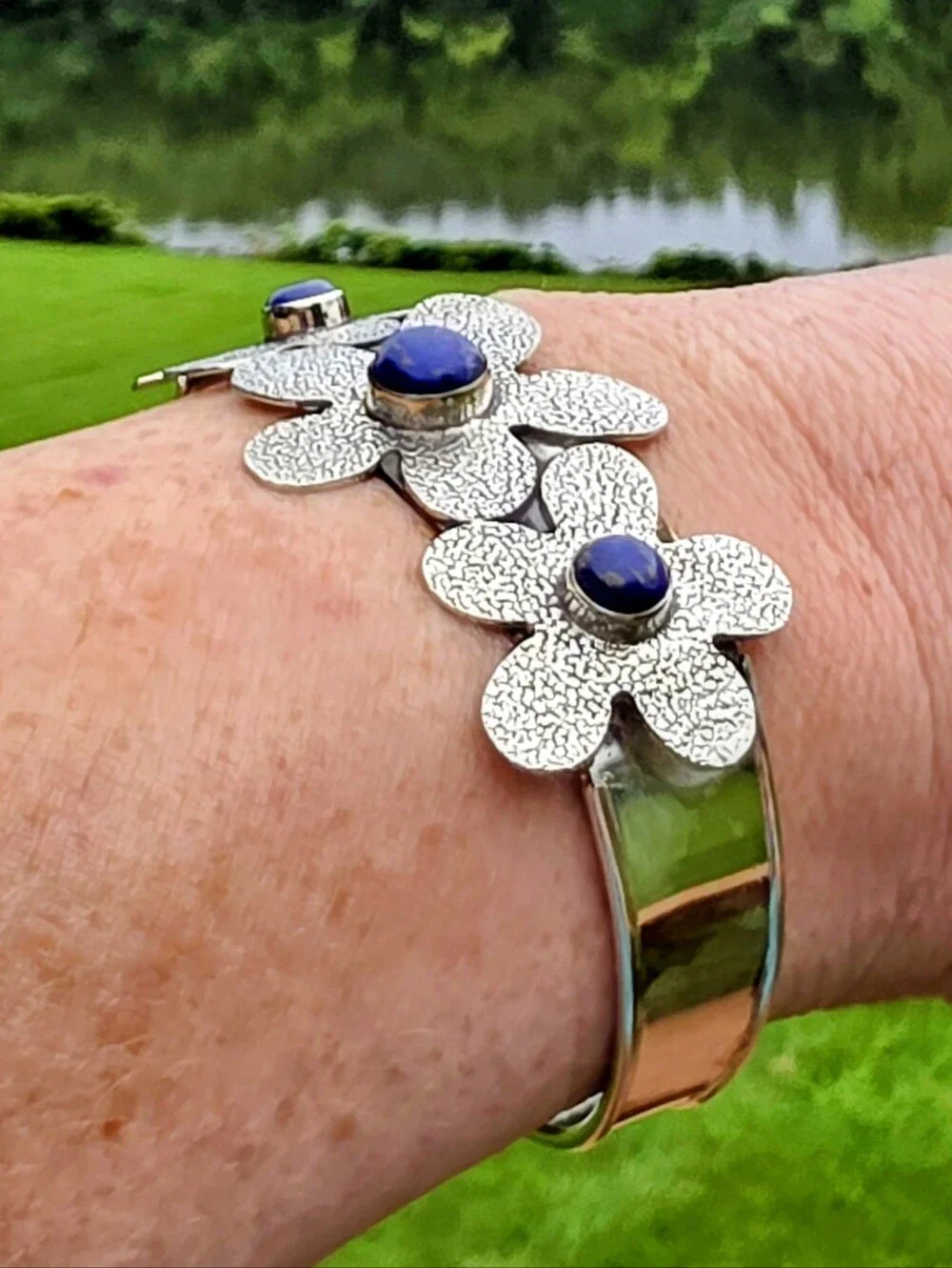 Lapis Lazuli Gemstone Cuff Bracelet In 925 Sterling Silver (Adjustable)